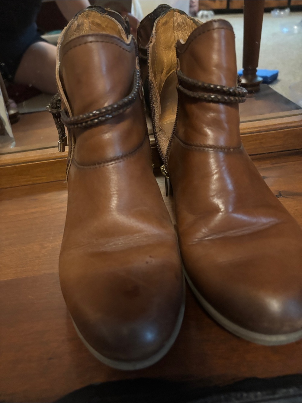 Brown Leather Ankle Boots with Braided Strap